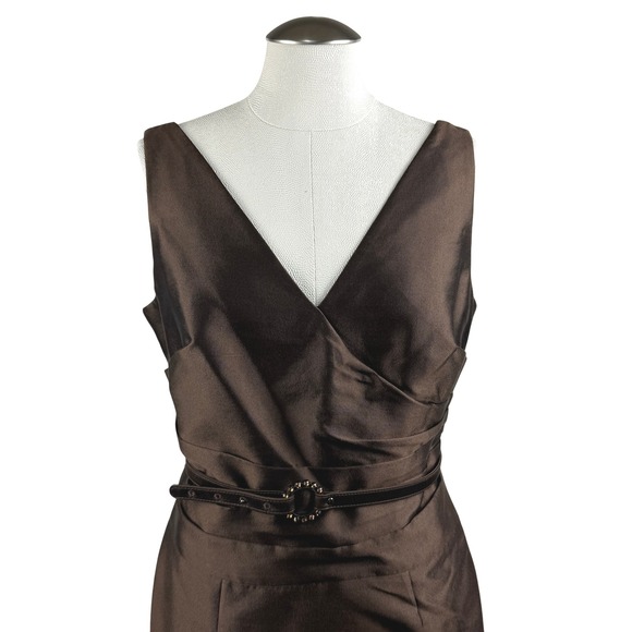 Kay Unger New York Women's Dress 10 Brown Silk Blend Sleeveless Belted Sheath - Picture 2 of 12